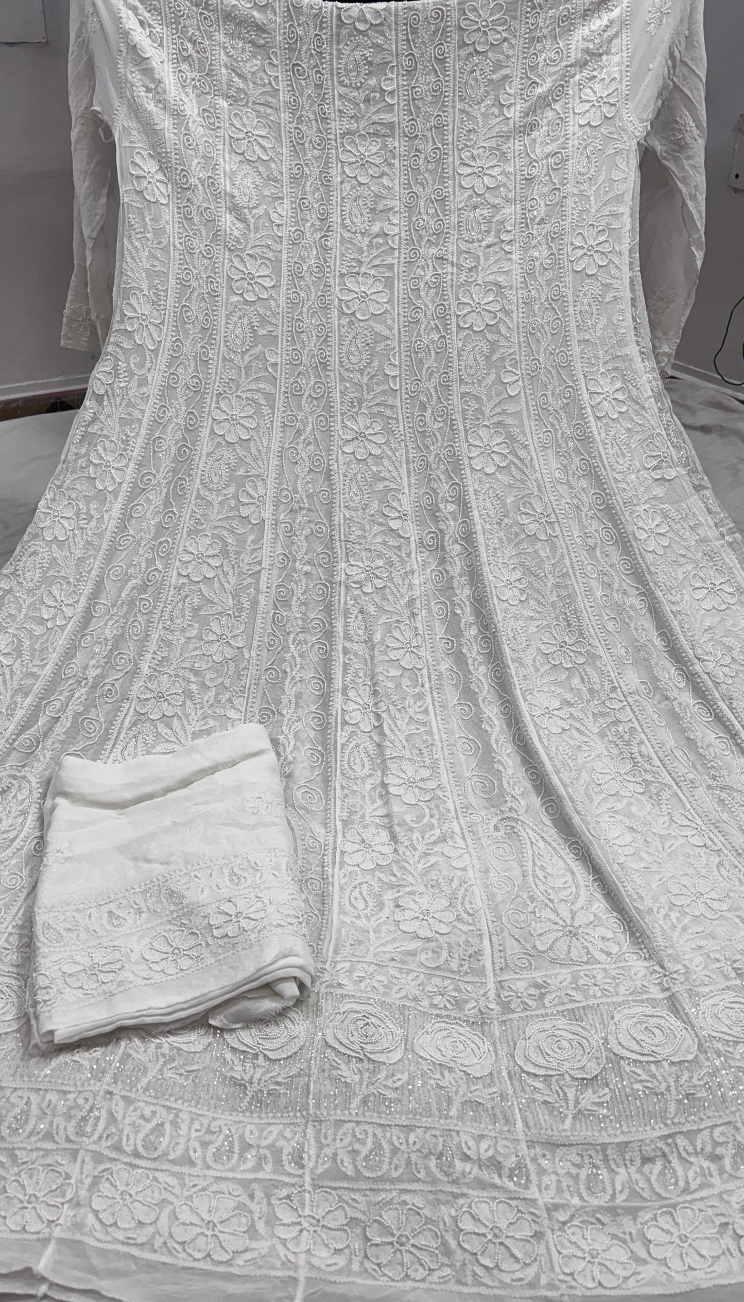 Ivory-Toned Viscose Georgette Anarkali-Dupatta Set with Delicate Pearl Cutdana & Chikankari Artistry