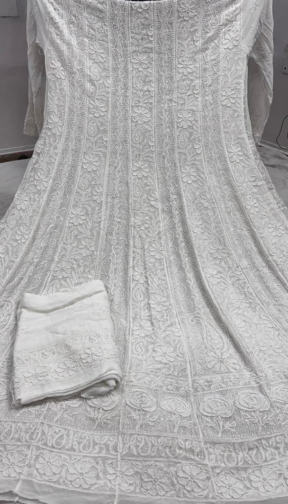 Ivory-Toned Viscose Georgette Anarkali-Dupatta Set with Delicate Pearl Cutdana & Chikankari Artistry