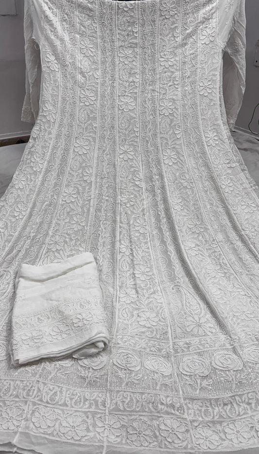 Ivory-Toned Viscose Georgette Anarkali-Dupatta Set with Delicate Pearl Cutdana & Chikankari Artistry