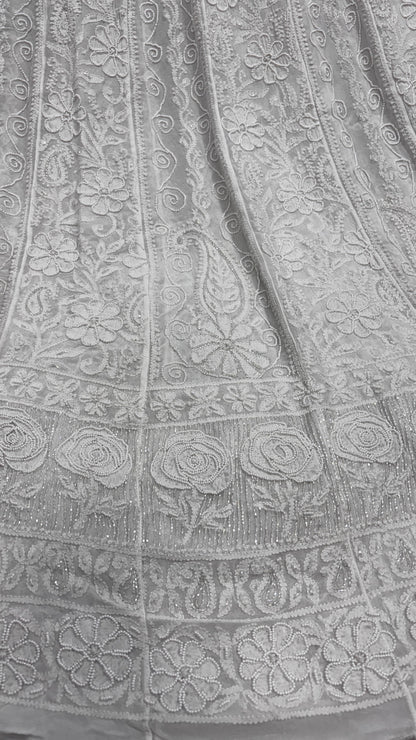 Ivory-Toned Viscose Georgette Anarkali-Dupatta Set with Delicate Pearl Cutdana & Chikankari Artistry
