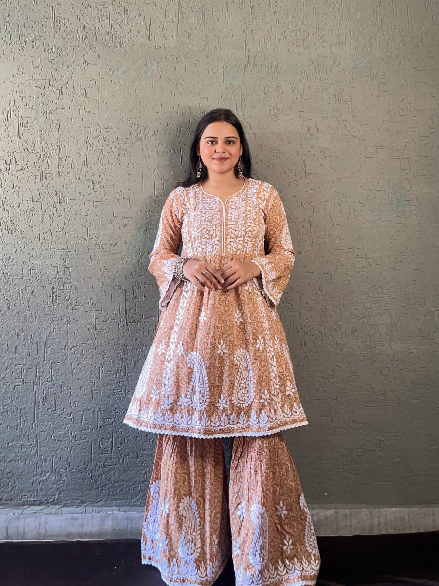 Desert Bloom – Soft Desert Rose Printed Mulmul Co-Ord Set with Lucknowi Chikankari and Romantic Bell Sleeves