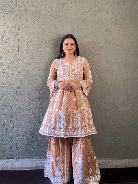 Desert Bloom – Soft Desert Rose Printed Mulmul Co-Ord Set with Lucknowi Chikankari and Romantic Bell Sleeves