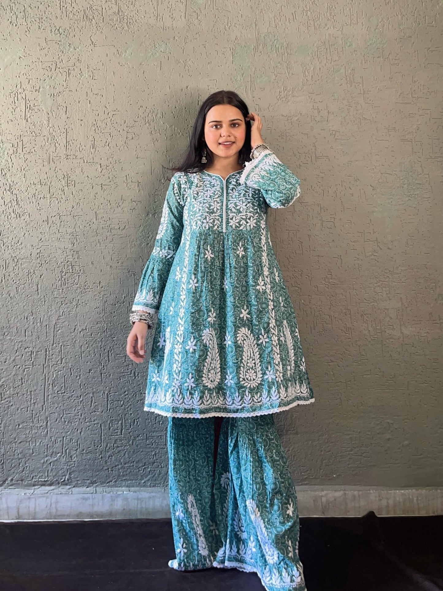 Aqua Veil – Dreamy Sky Teal Printed Mulmul Co-Ord Set with Lucknowi Chikankari and Flowing Bell Sleeves