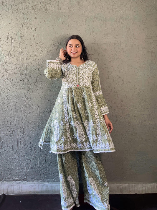 Green Mirage – Muted Olive Green Printed Mulmul Co-Ord Set with Lucknowi Chikankari and Dreamy Bell Sleeves