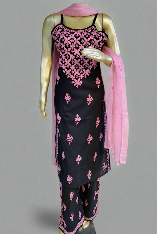Midnight Blossom – Artisanal Black Spaghetti Co-Ord Set with Delicate Pink Chikankari Thread Work and Soft Pink Drape