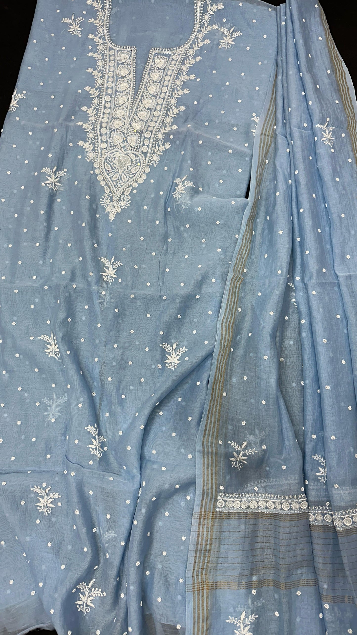 Powdered Steel Blue Whisper – Artisanal Mul Chanderi Kurta Dupatta Set with Lucknowi Chikankari, Adda, Cutdana, Teeki, Pearl, and Pitta Work