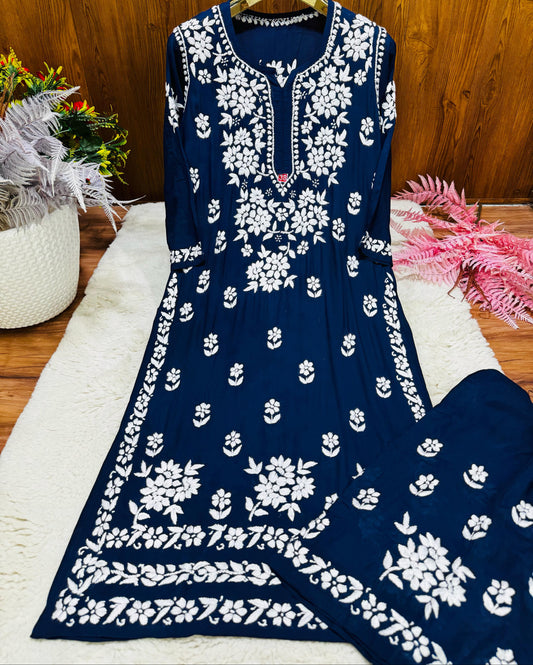 Midnight Navy Blue – Artisanal Midnight Navy Palazzo Set in Premium Modal with Heirloom White Chikankari