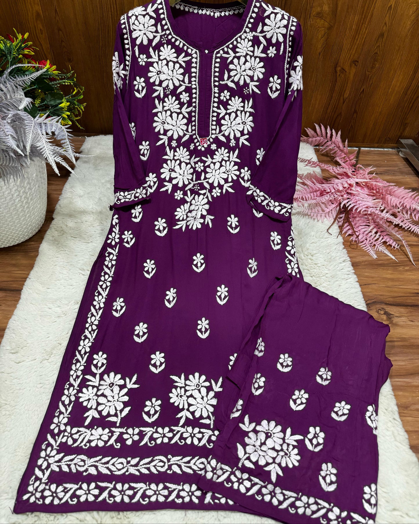 Velvet Plum – Artisanal Velvet Plum Palazzo Set in Premium Modal with Heirloom White Chikankari