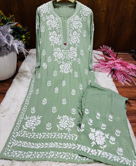 Moss Green – Artisanal Moss Green Palazzo Set in Premium Modal with Heirloom White Chikankari