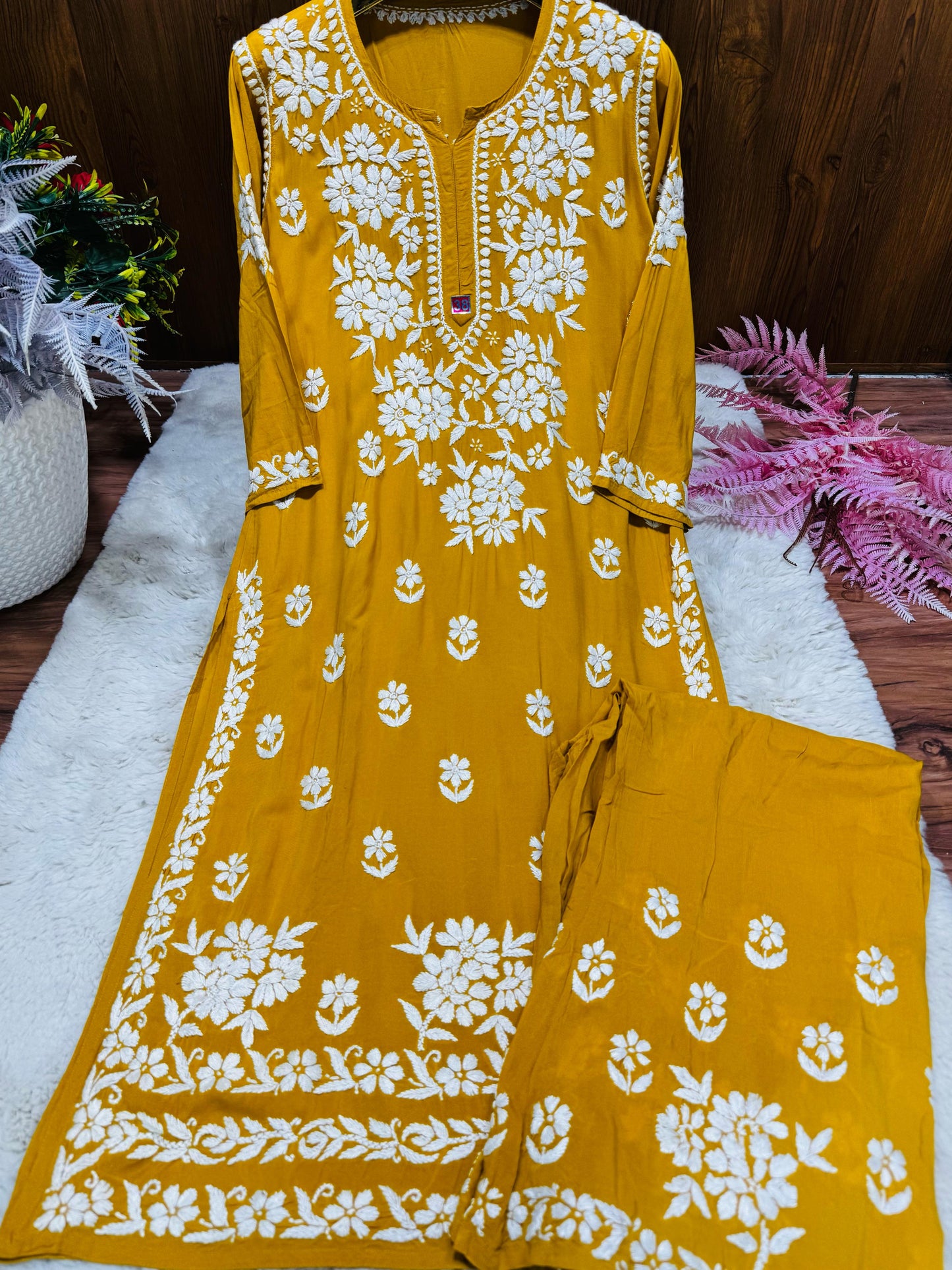 Luxy Mustard – Artisanal Luxy Mustard Palazzo Set in Premium Modal with Heirloom White Chikankari