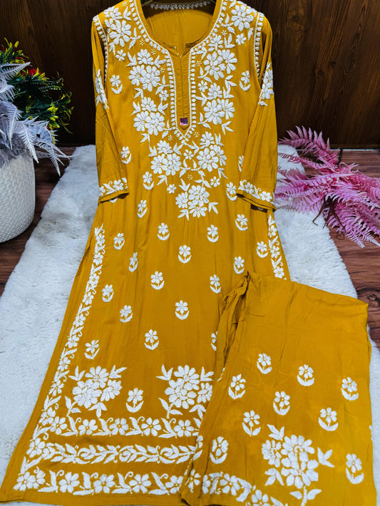 Luxy Mustard – Artisanal Luxy Mustard Palazzo Set in Premium Modal with Heirloom White Chikankari