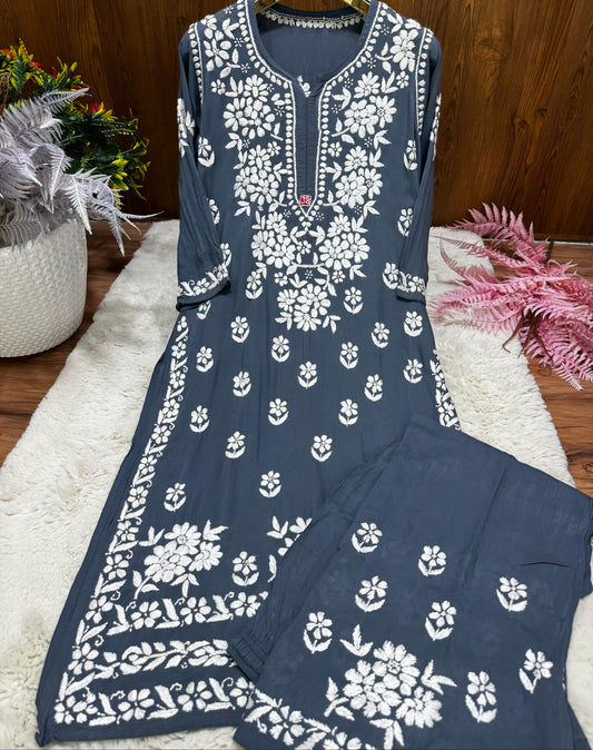 Ashen Blue – Artisanal Ashen Blue Palazzo Set in Premium Modal with Heirloom White Chikankari