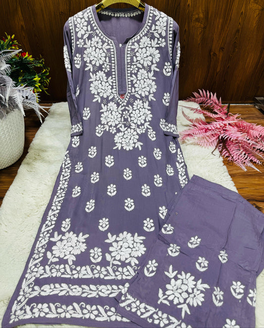 Lavender Twilight – Artisanal Lavender Twilight Palazzo Set in Premium Modal with Heirloom White Chikankari