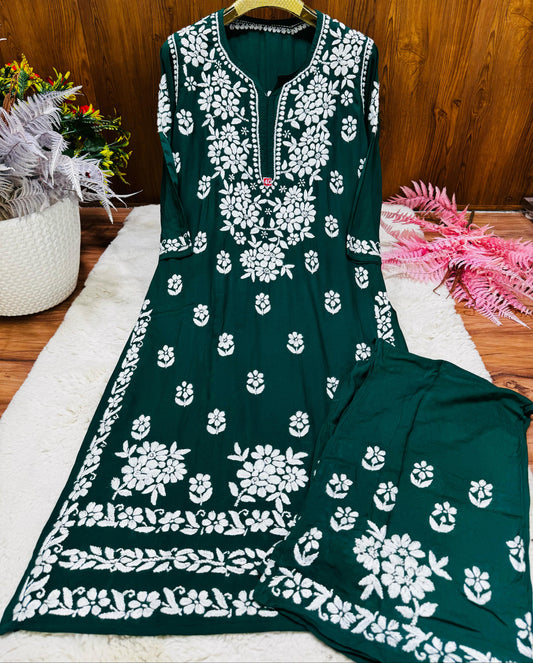Mystic Forest – Artisanal Mystic Forest Palazzo Set in Premium Modal with Heirloom White Chikankari