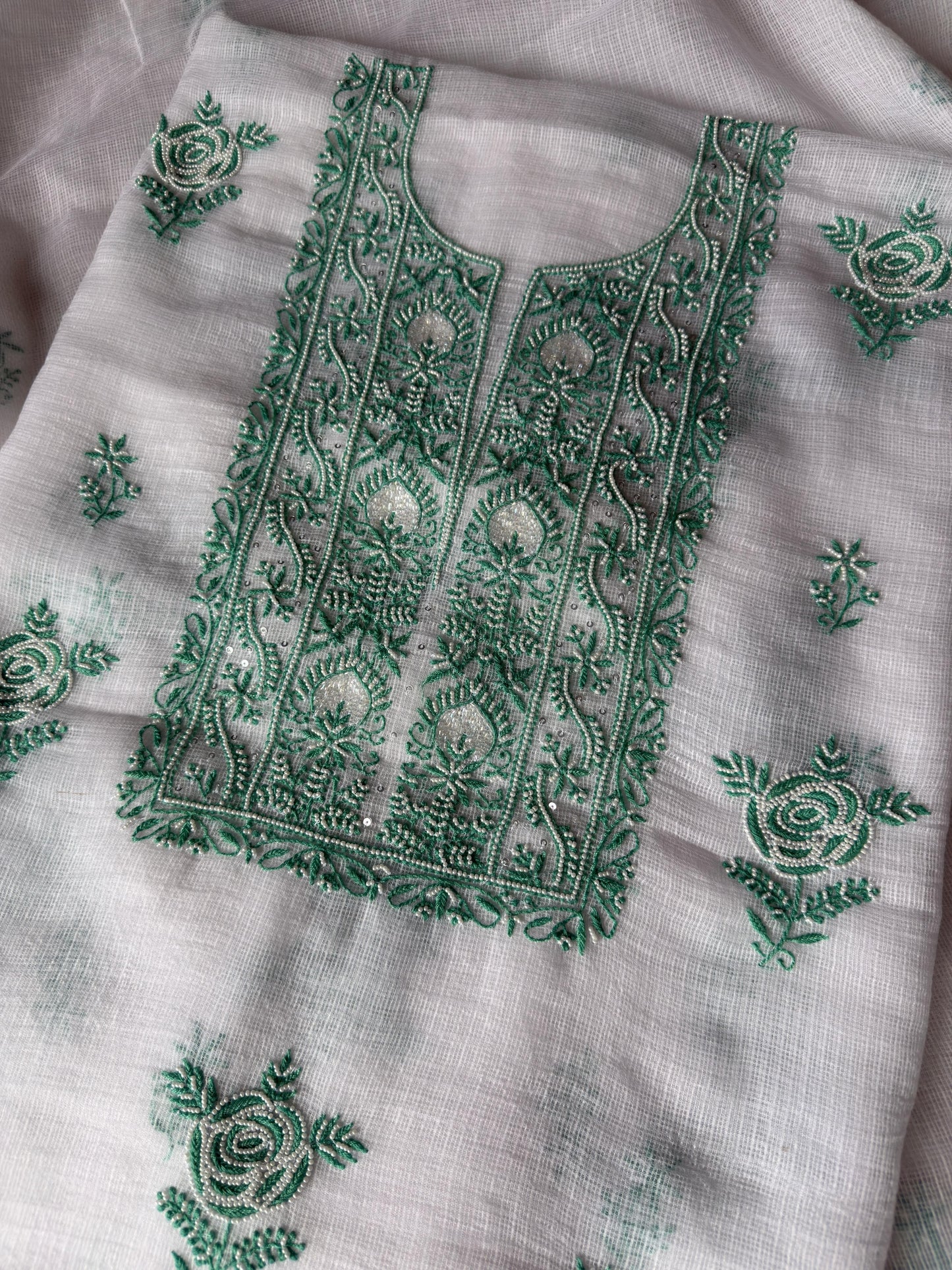 Verdant Rose – White Kota Doria Unstitched Kurta Dupatta Set with Green Chikankari and Handcrafted Pearl-Cutdana Work