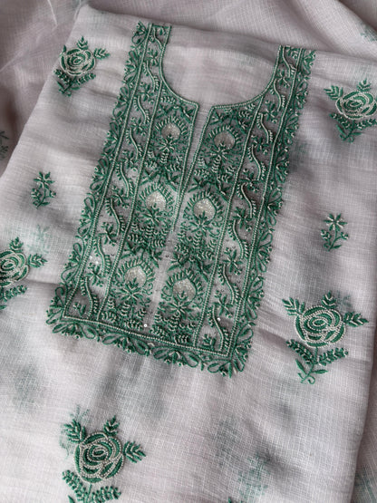 Verdant Rose – White Kota Doria Unstitched Kurta Dupatta Set with Green Chikankari and Handcrafted Pearl-Cutdana Work