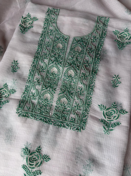 Verdant Rose – White Kota Doria Unstitched Kurta Dupatta Set with Green Chikankari and Handcrafted Pearl-Cutdana Work