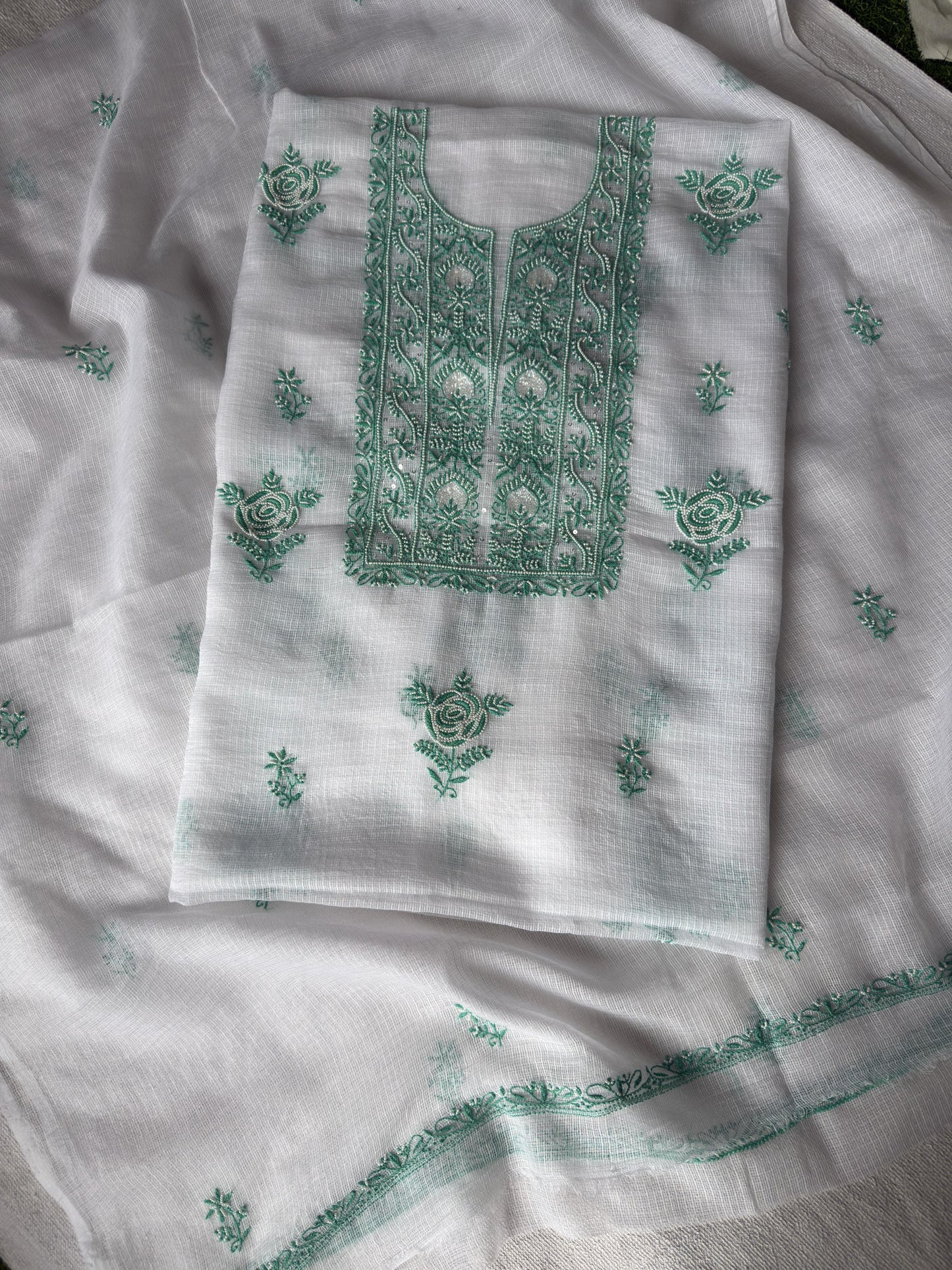 Verdant Rose – White Kota Doria Unstitched Kurta Dupatta Set with Green Chikankari and Handcrafted Pearl-Cutdana Work