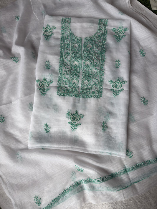 Verdant Rose – White Kota Doria Unstitched Kurta Dupatta Set with Green Chikankari and Handcrafted Pearl-Cutdana Work