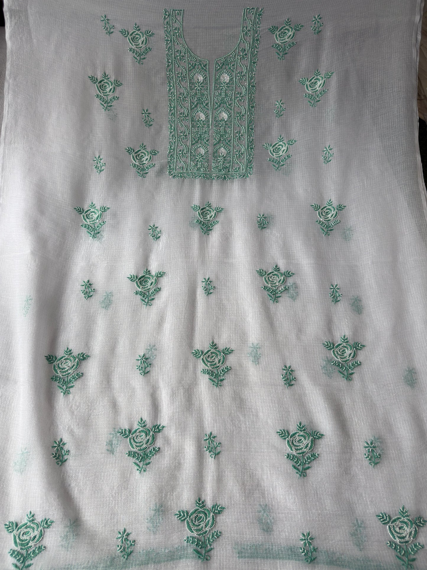 Verdant Rose – White Kota Doria Unstitched Kurta Dupatta Set with Green Chikankari and Handcrafted Pearl-Cutdana Work