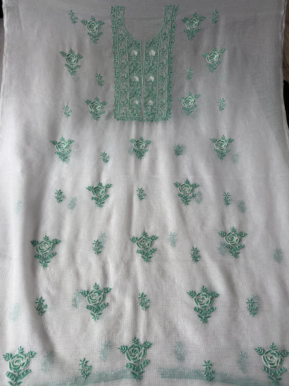 Verdant Rose – White Kota Doria Unstitched Kurta Dupatta Set with Green Chikankari and Handcrafted Pearl-Cutdana Work
