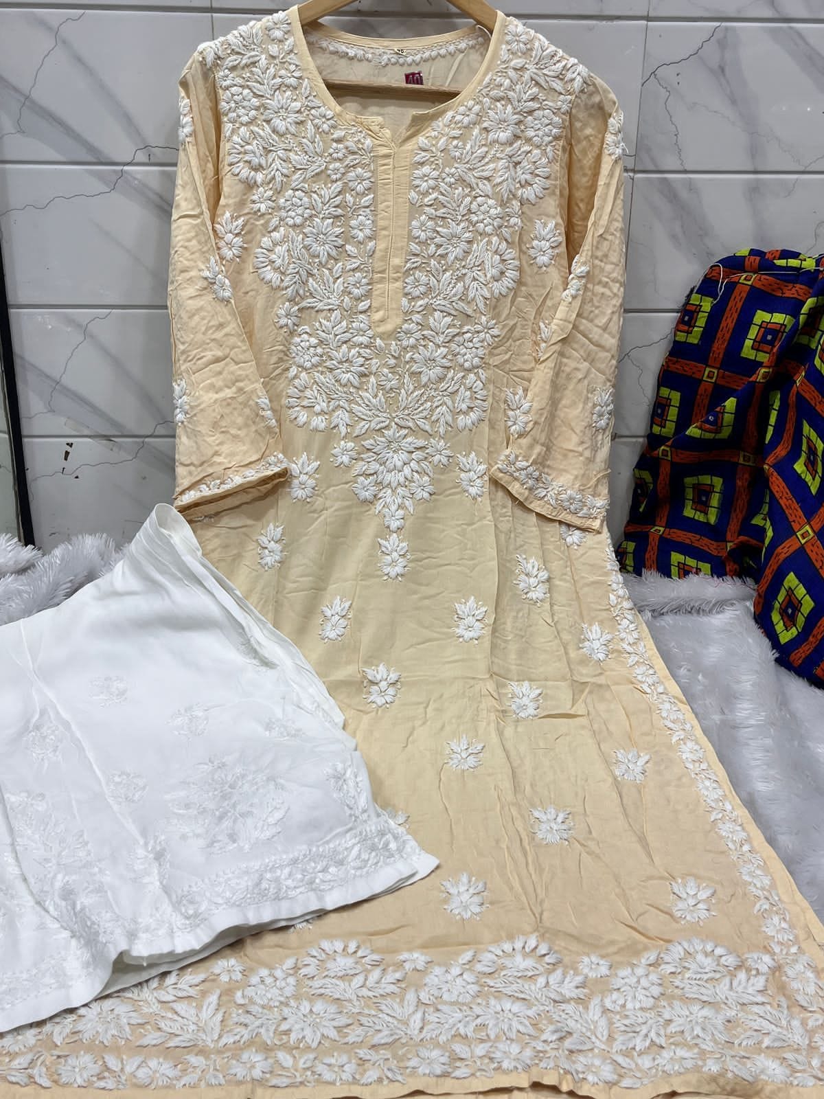 Antique Almond Elegance – White Floral Embroidered Modal Kurti with White Rayon Palazzo