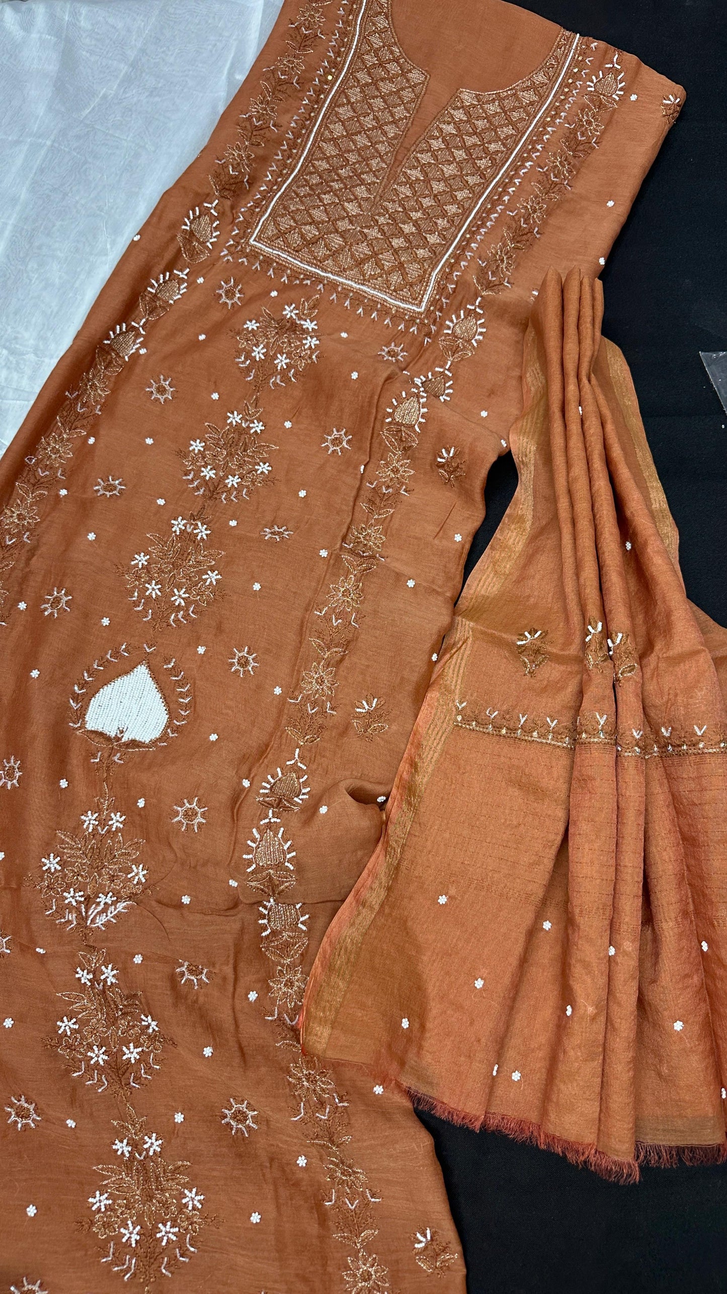 Smoked Terracotta – Artisanal Mul Chanderi Silk Kurta Dupatta Set with Lucknowi Chikankari and Luxe Adda, Cutdana, Teeki, Pearl, and Pitta Work