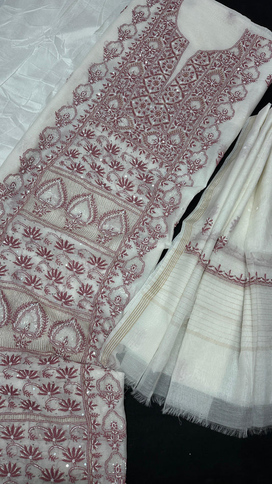 Plum Cocoa Dusk Threads on White – Artisanal Mul Chanderi Silk Set with Chikankari, Adda, Cutdana, Teeki, Pearl & Pitta Work