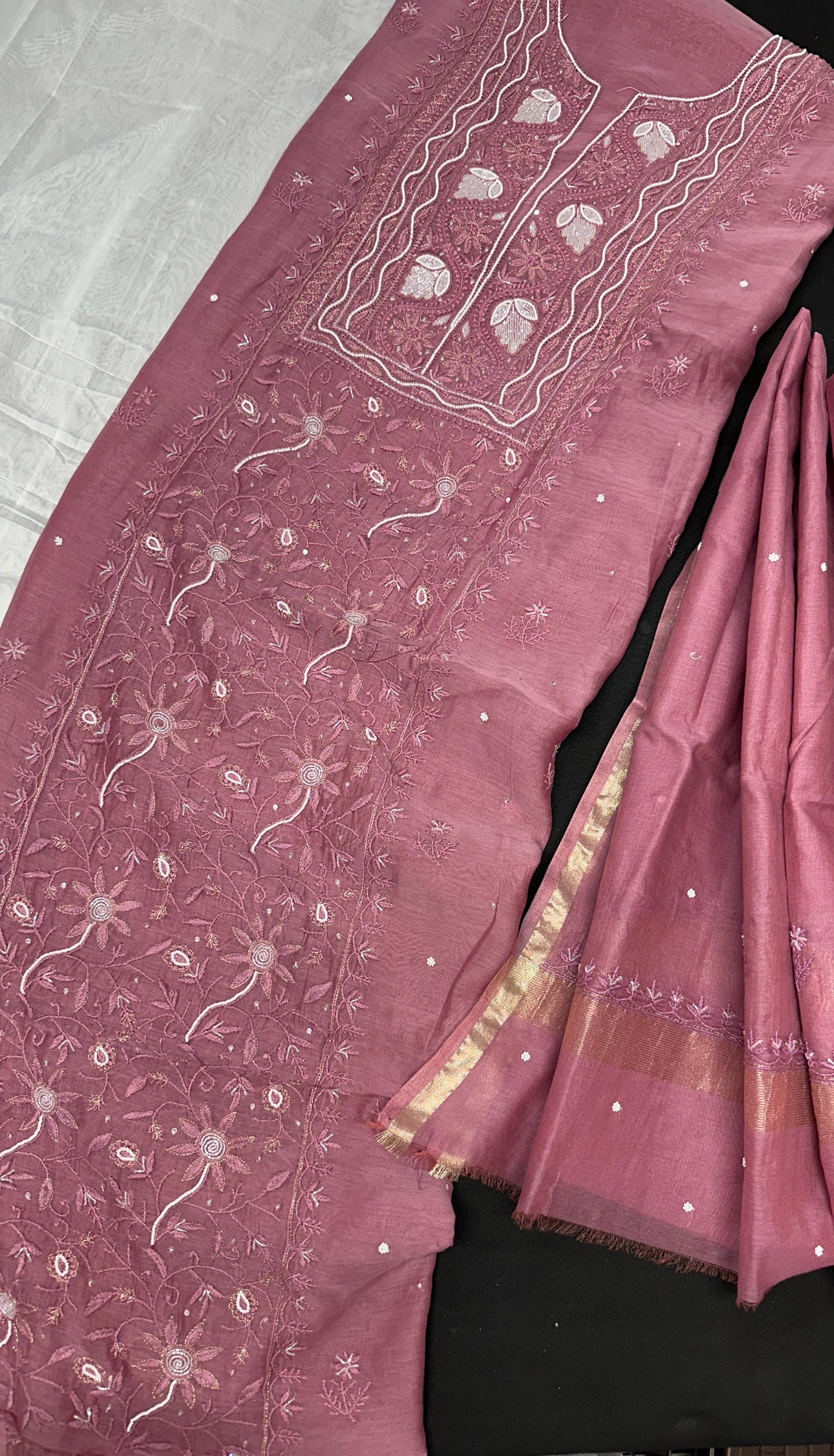 Dusty Rosewood Pink – Artisanal Mul Chanderi Silk Kurta Dupatta Set with Lucknowi Chikankari, Adda, Cutdana, Teeki, Pearl, and Pitta Work