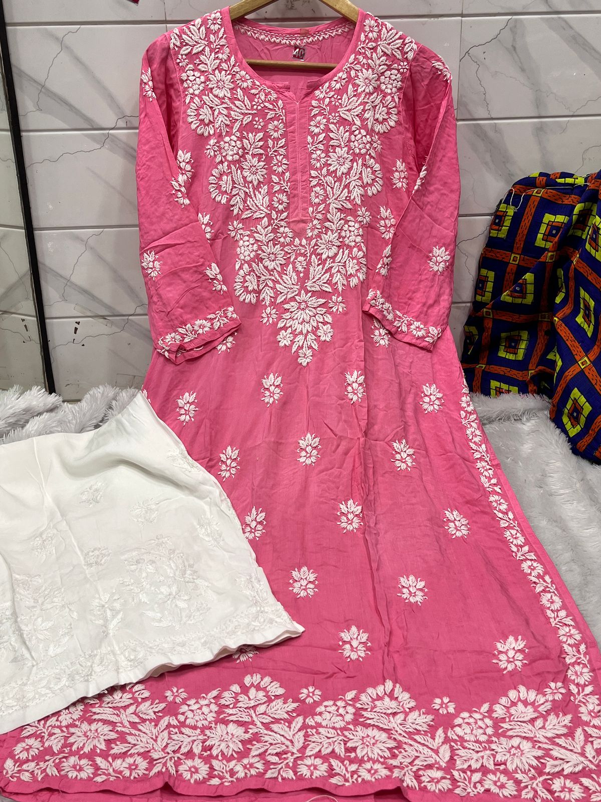 Raspberry Rouge Pink Bloom – White Embroidered Modal Kurti and Rayon Palazzo Set