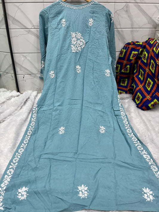 Whispers in Slate – White Floral Embroidery on Dusty Ocean Slate Modal Kurti with White Rayon Palazzo
