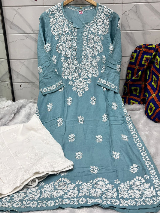 Whispers in Slate – White Floral Embroidery on Dusty Ocean Slate Modal Kurti with White Rayon Palazzo