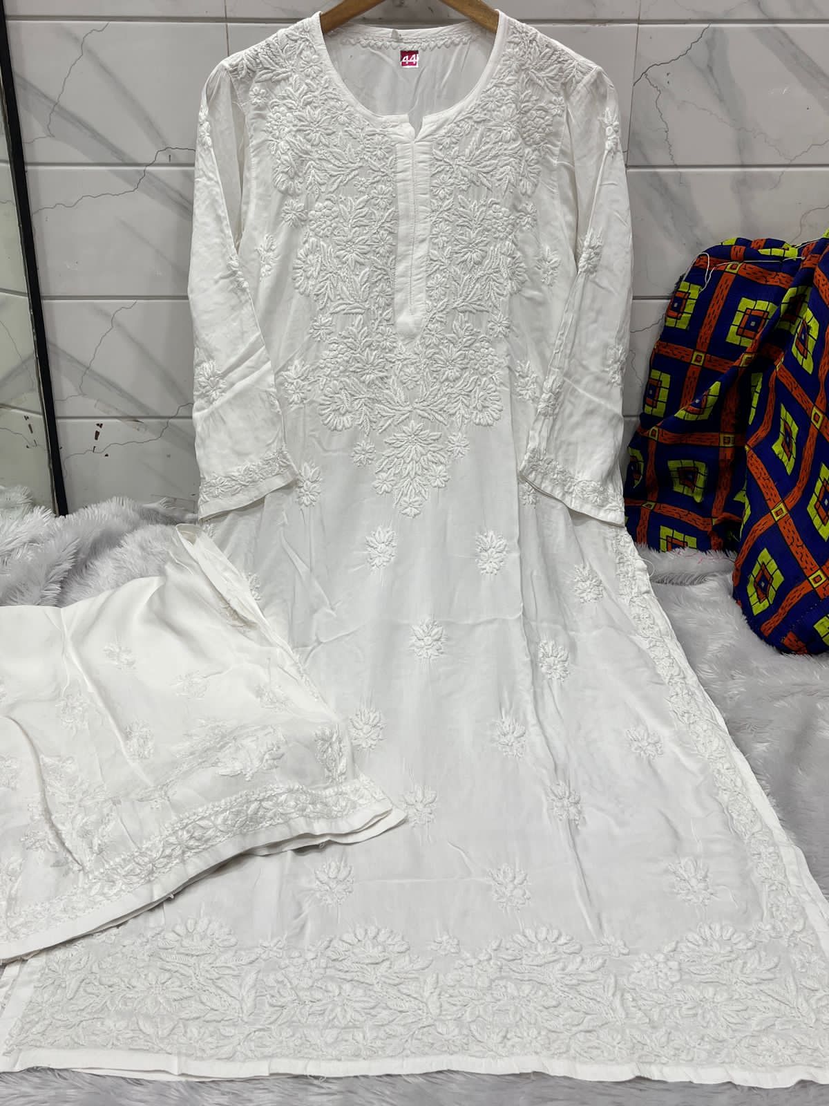 Whispers of White – Handcrafted Floral Embroidery on Modal Kurti and Rayon Palazzo
