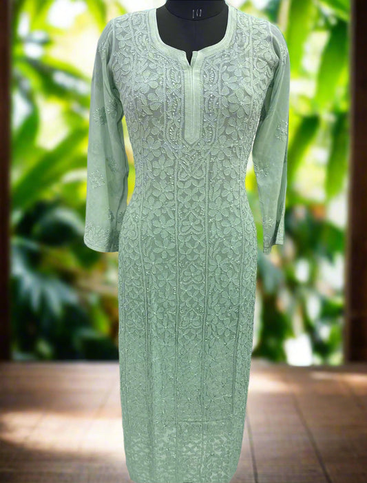 Eucalyptus Sage Grace – Resham Chikankari on Green Viscose Georgette Long Kurti