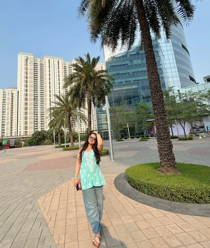 Ocean Veil — Pale Teal Modal Spaghetti Top with Hand Chikankari Accents