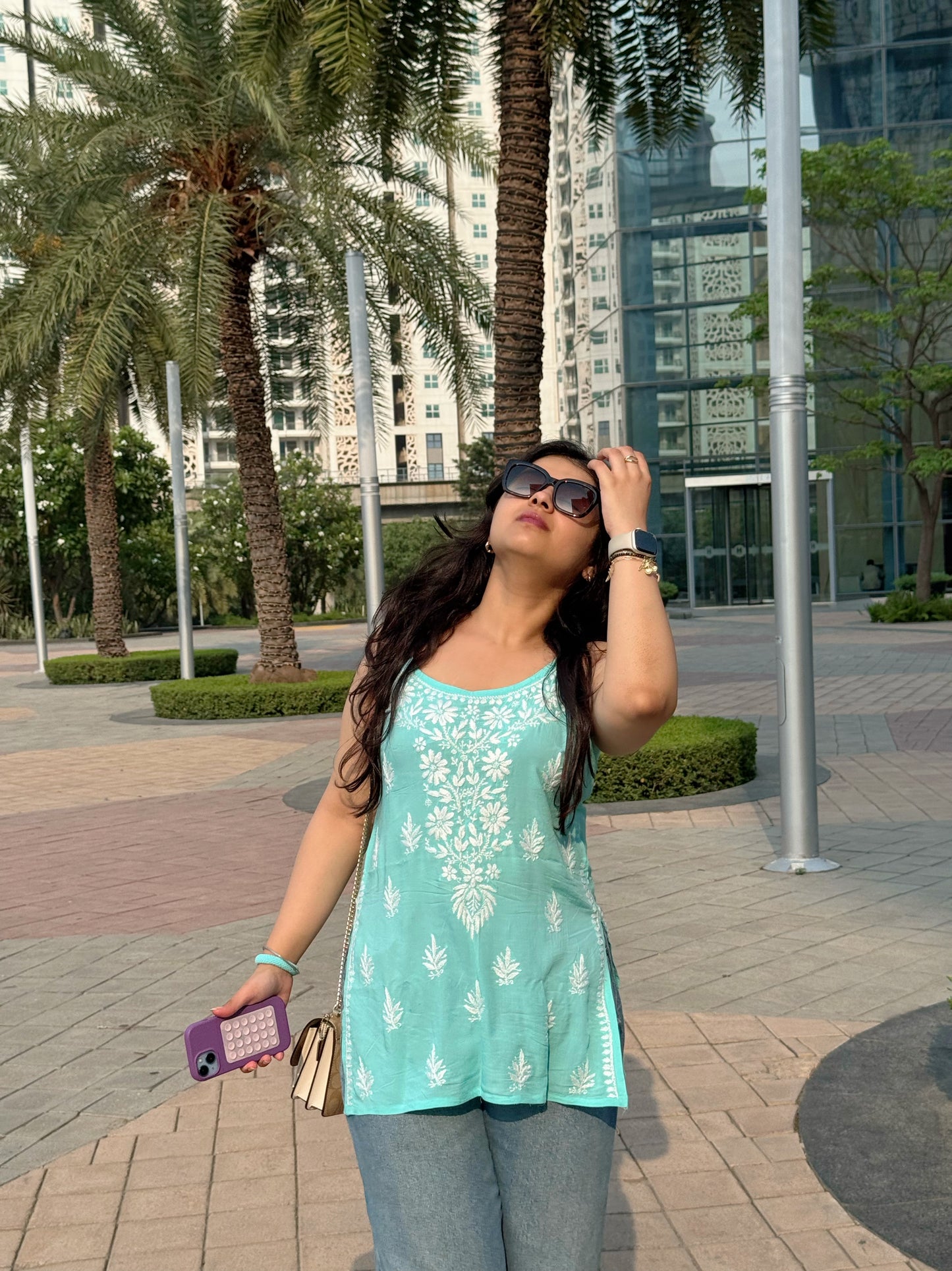 Ocean Veil — Pale Teal Modal Spaghetti Top with Hand Chikankari Accents