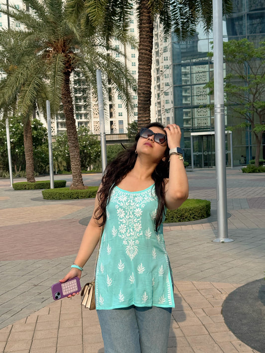 Ocean Veil — Pale Teal Modal Spaghetti Top with Hand Chikankari Accents
