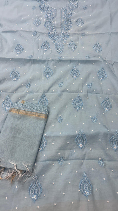 Pastel Blue Mul Kurta & Dupatta Set – Adorned with Pearl & Cutdana Work