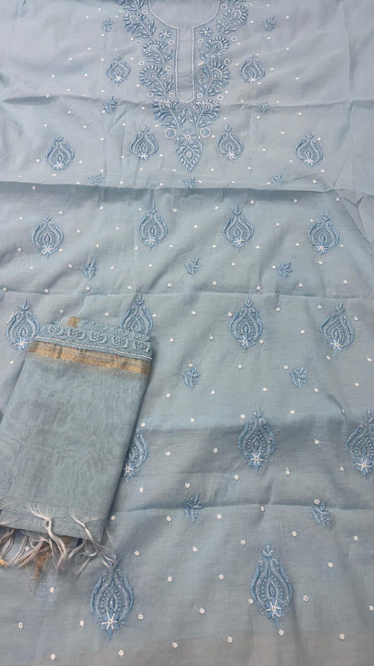 Pastel Blue Mul Kurta & Dupatta Set – Adorned with Pearl & Cutdana Work