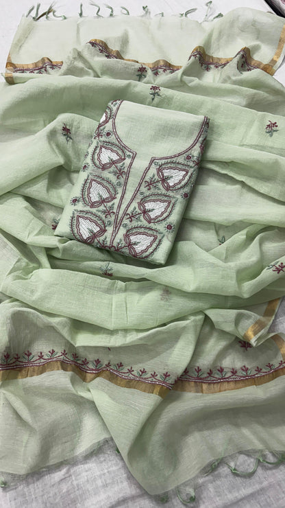 Leafy Green Mul Kurta & Dupatta Set – Adorned with Pearl & Cutdana Work