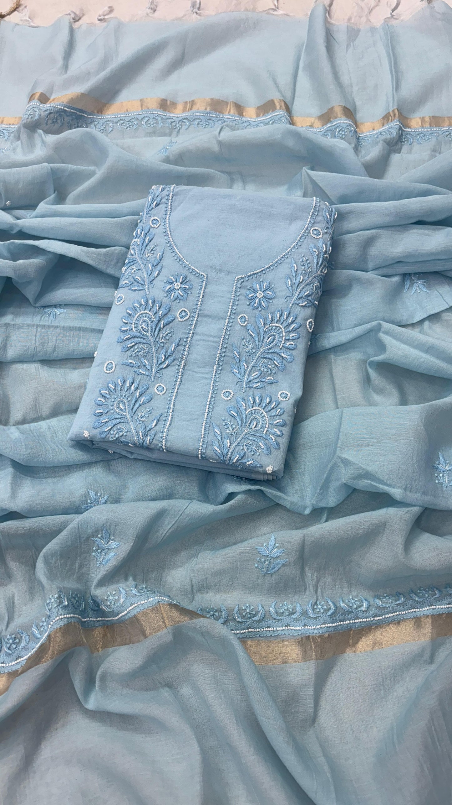 Pastel Blue Mul Kurta & Dupatta Set – Adorned with Pearl & Cutdana Work