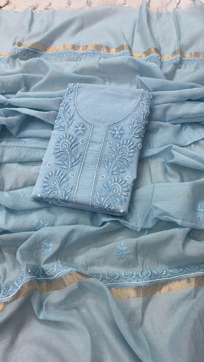 Pastel Blue Mul Kurta & Dupatta Set – Adorned with Pearl & Cutdana Work