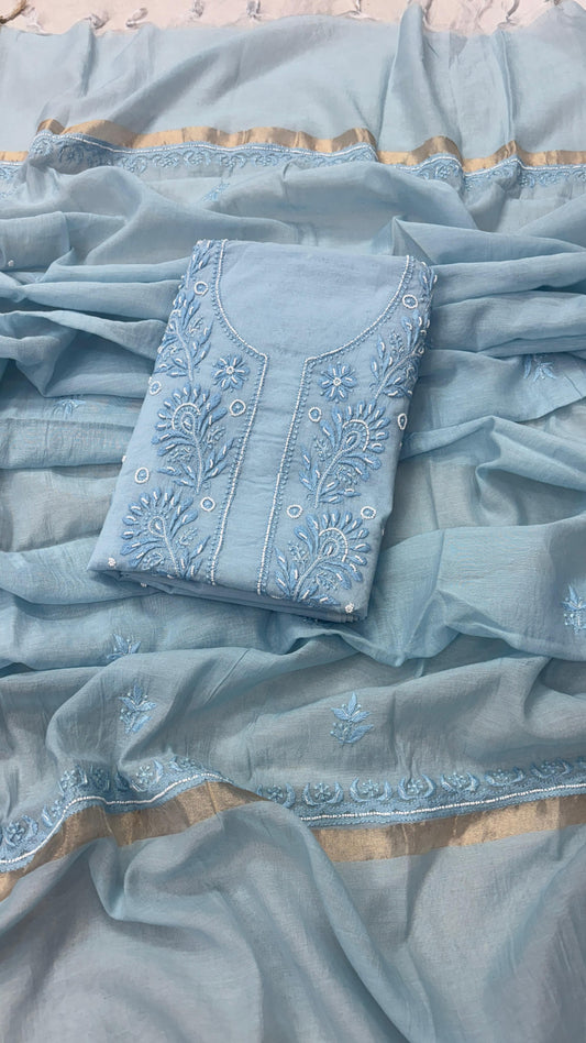 Pastel Blue Mul Kurta & Dupatta Set – Adorned with Pearl & Cutdana Work