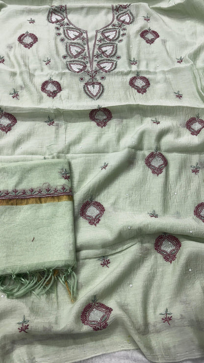Leafy Green Mul Kurta & Dupatta Set – Adorned with Pearl & Cutdana Work