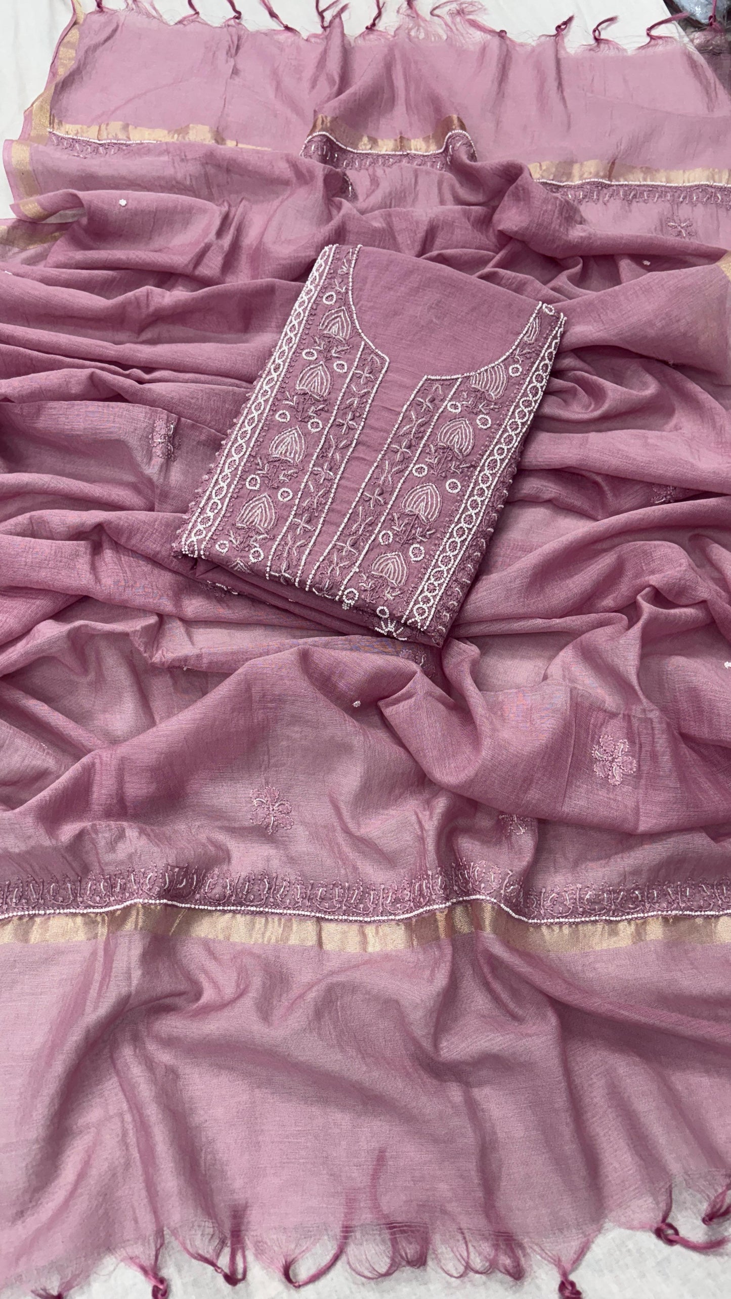 Mauvey Nude Mul Kurta & Dupatta Set – Adorned with Pearl & Cutdana Work