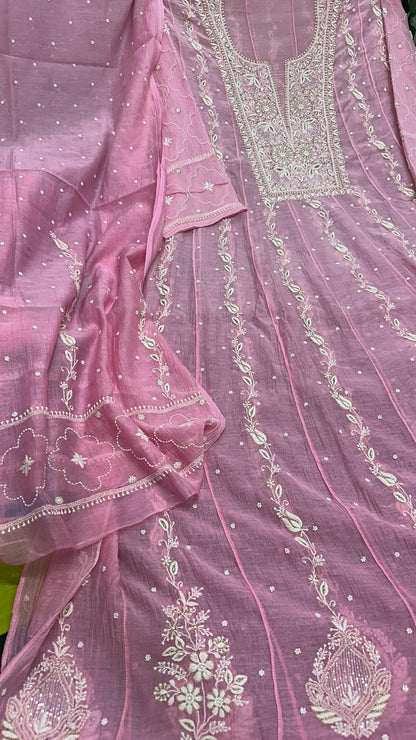 Luxurious Mul Chanderi Semi-Stitched Anarkali Dupatta Set – A Timeless Masterpiece!