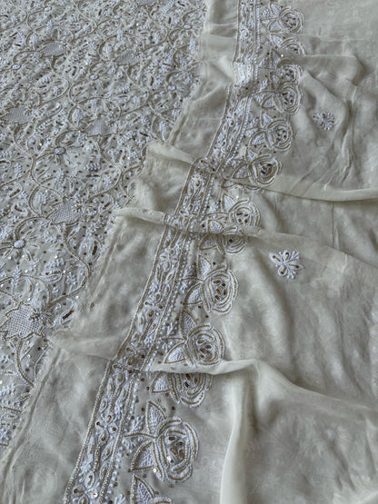 Imperial Charm – A Heritage-Inspired Pure Georgette Kurta & Dupatta Set with Gilded Cutdana & Heavy Designer Rose Motifs