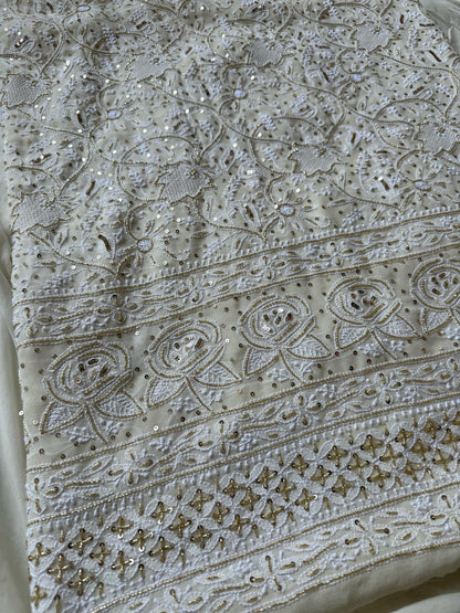 Imperial Charm – A Heritage-Inspired Pure Georgette Kurta & Dupatta Set with Gilded Cutdana & Heavy Designer Rose Motifs