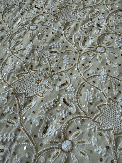 Imperial Charm – A Heritage-Inspired Pure Georgette Kurta & Dupatta Set with Gilded Cutdana & Heavy Designer Rose Motifs