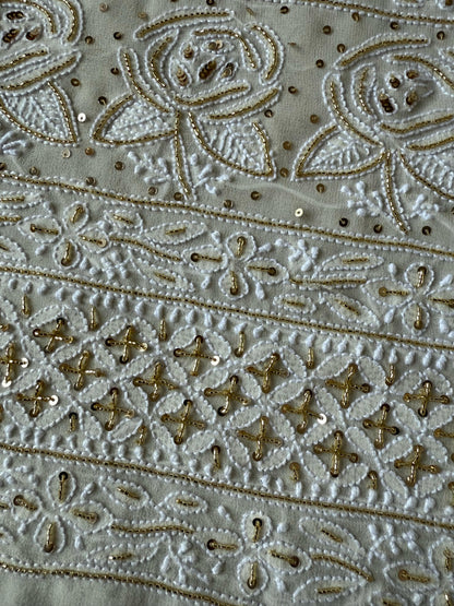 Imperial Charm – A Heritage-Inspired Pure Georgette Kurta & Dupatta Set with Gilded Cutdana & Heavy Designer Rose Motifs